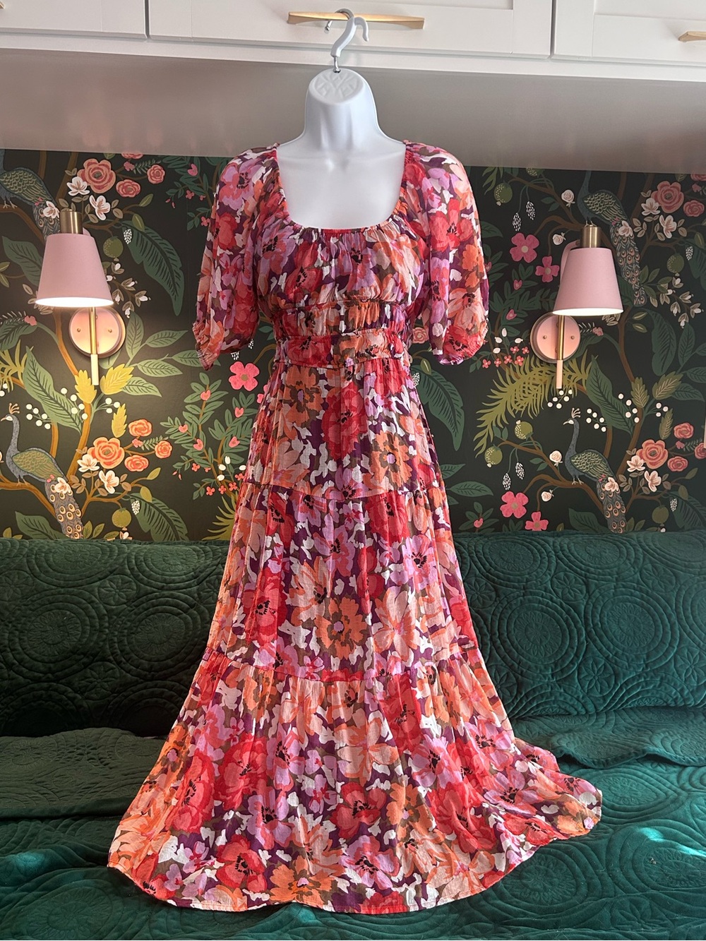 MINKPINK Floral Smocked Tiered Midi Dress Puff Sleeve XS Boho